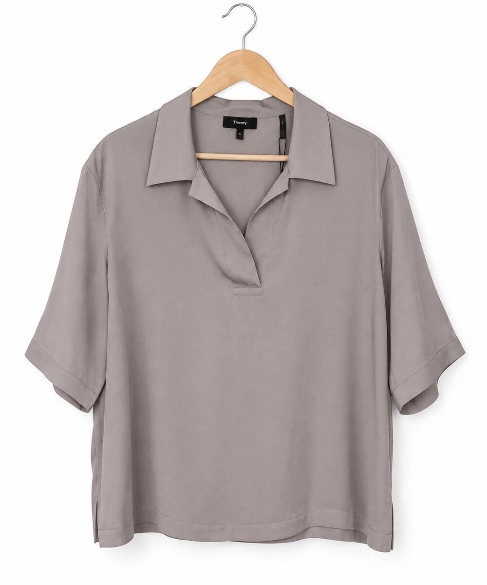 Theory Relax Polo Top XL Atmosphere Taupe Modern GGT Silk Blouse NWT $295